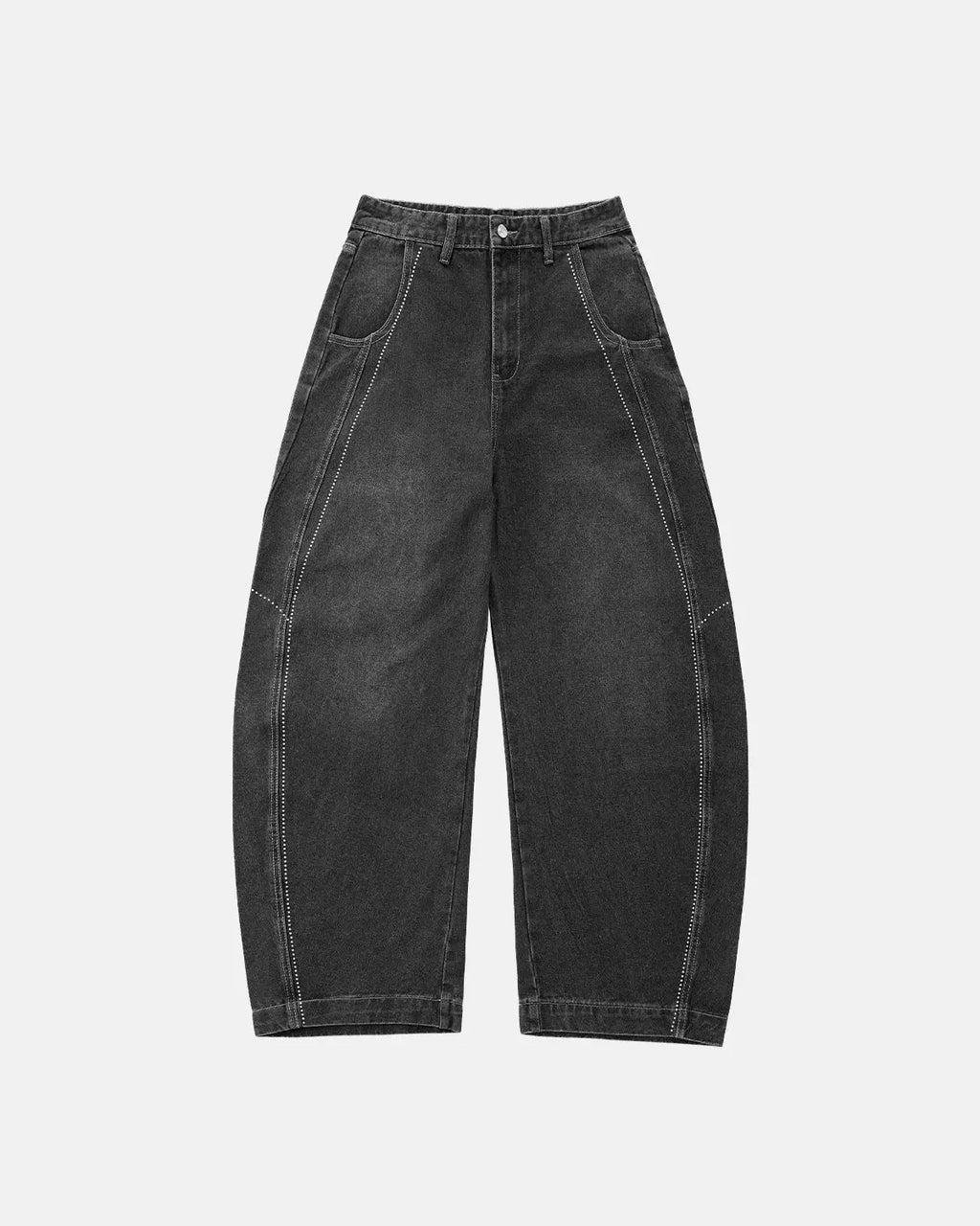 Inflation Streetwear rhinestone stitching barrel jeans, stylish pants with embellishments, front view showing detailed design and fit.