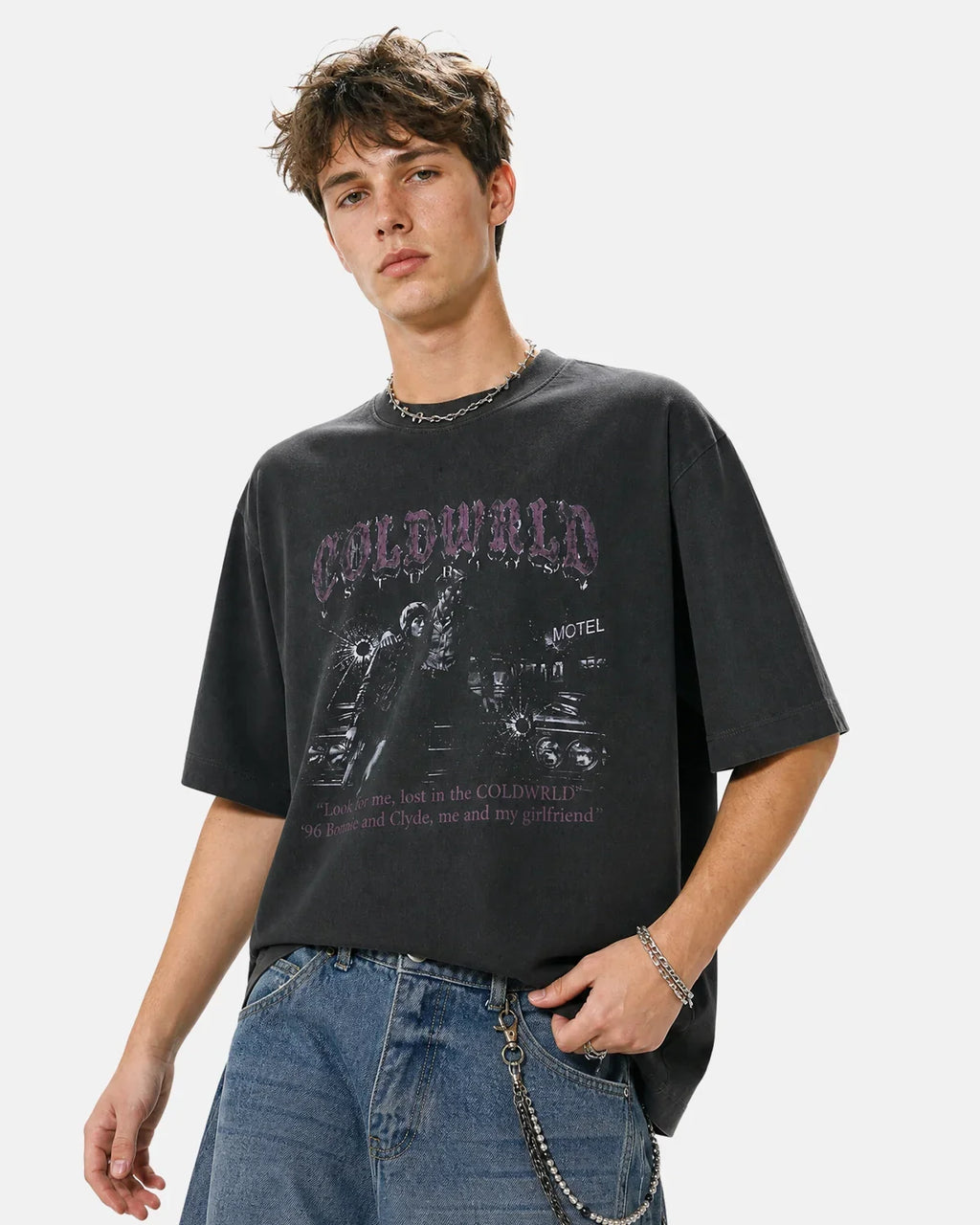 Black washed Gothic graphic T-shirt by INFLATION featuring dark, edgy design and streetwear style, shown laid flat.