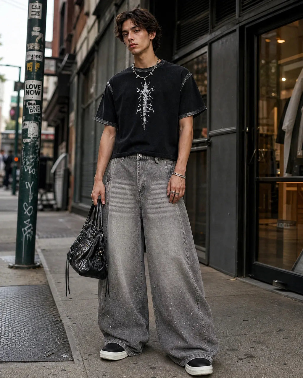 Inflation brand rhinestone washed barrel jeans, stylish streetwear pants with distressed denim and rhinestone embellishments.