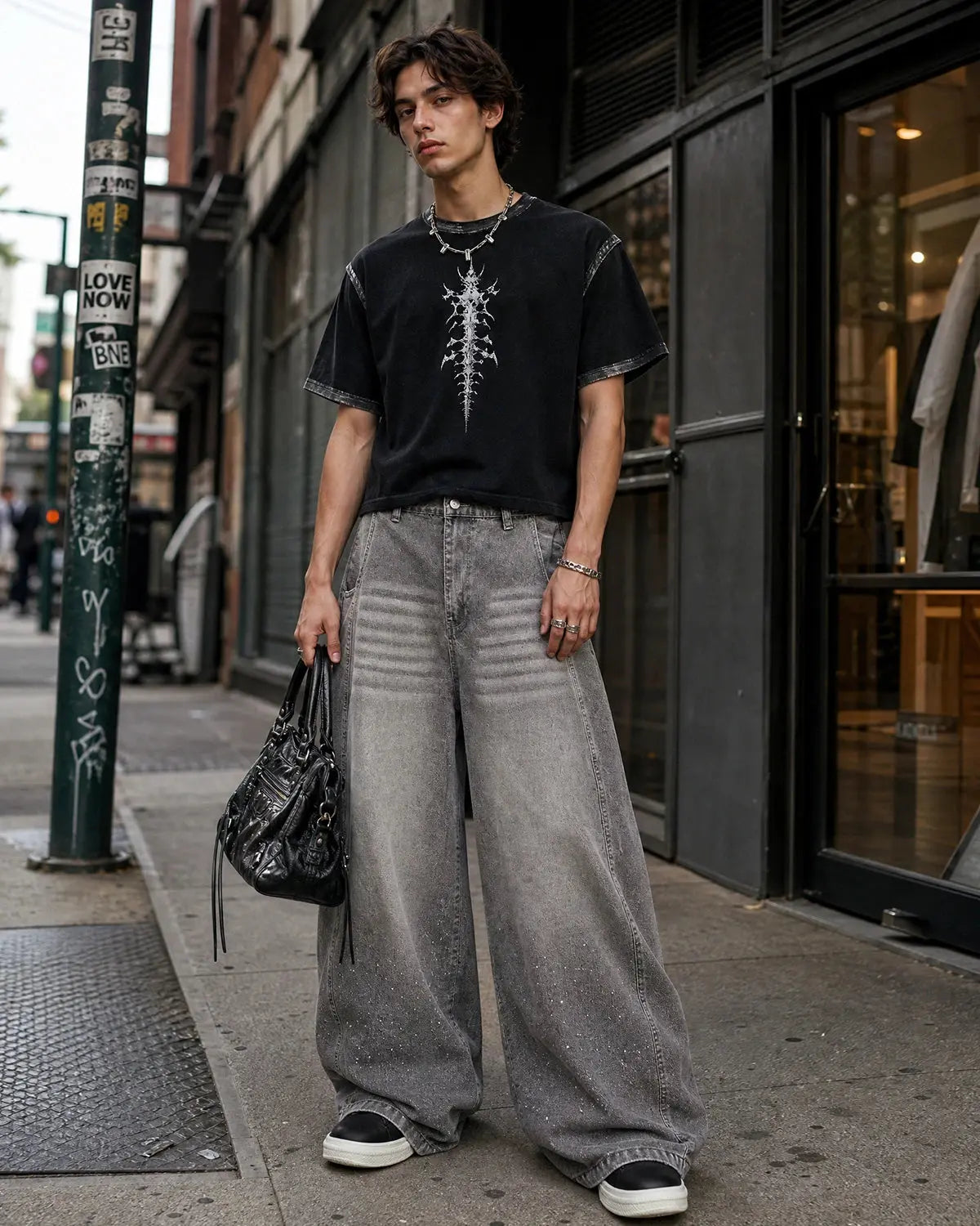 Inflation brand rhinestone washed barrel jeans, stylish streetwear pants with distressed denim and rhinestone embellishments.