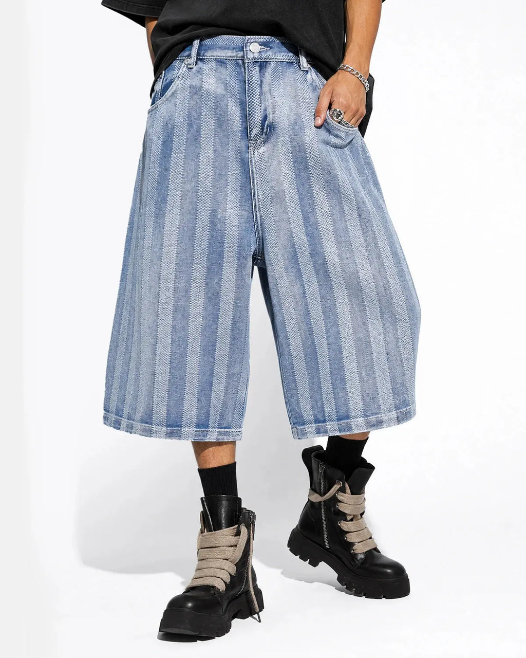 Woven texture baggy jorts from INFLATION streetwear featuring a relaxed fit and distressed denim look.