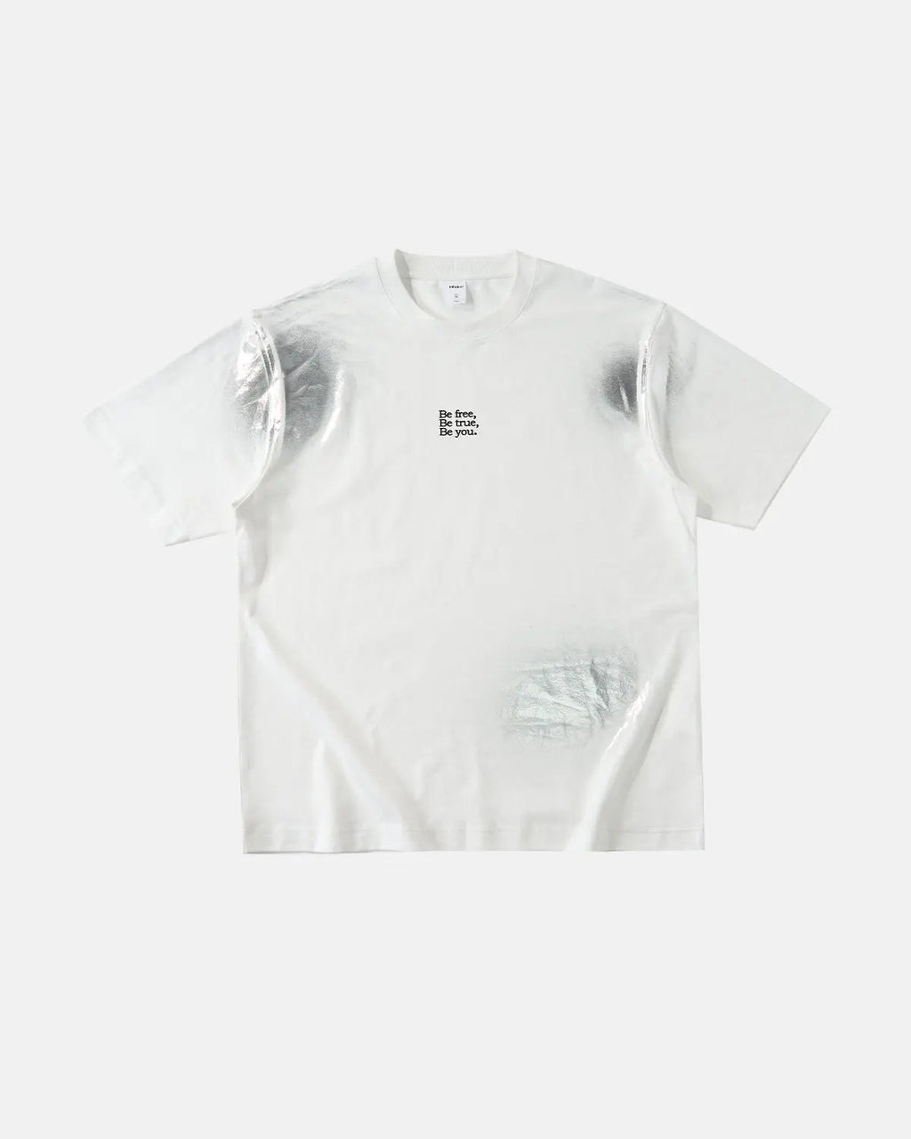 Iridescent shimmer oversized T-shirt by INFLATION, featuring a reflective iridescent fabric and relaxed streetwear fit.