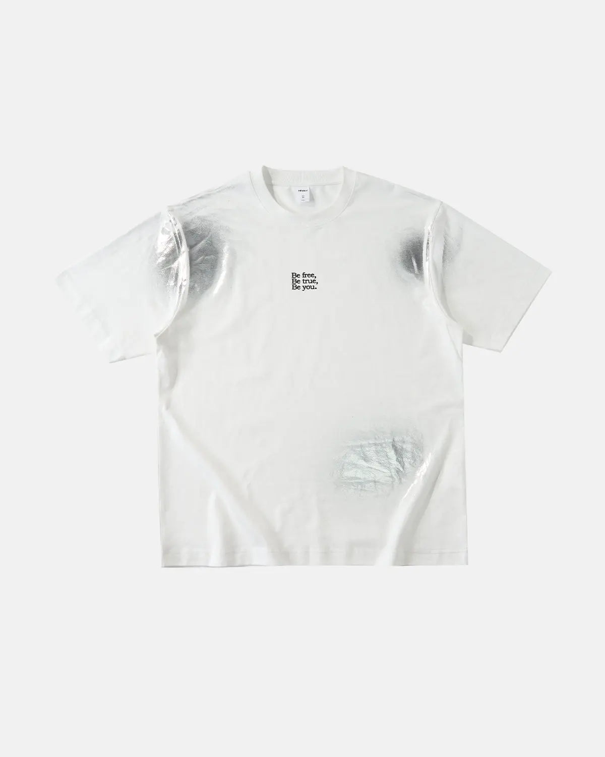 Iridescent shimmer oversized T-shirt by INFLATION, featuring a reflective iridescent fabric and relaxed streetwear fit.