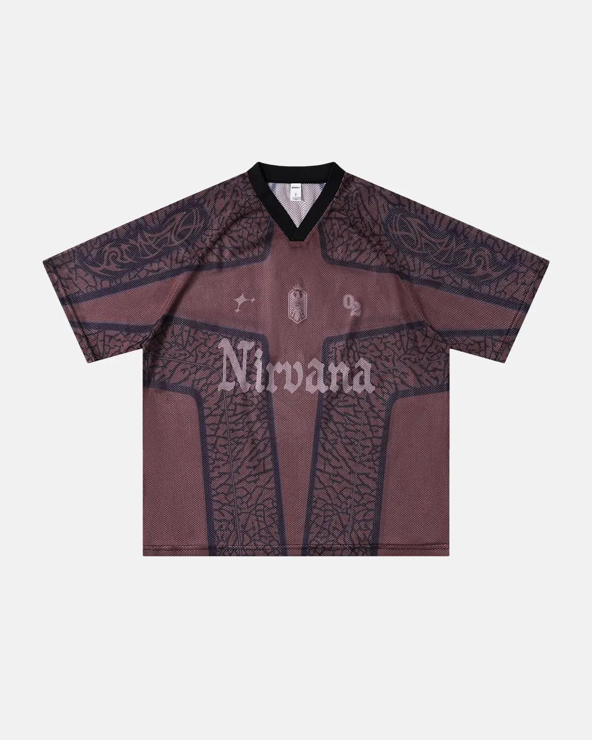 Inflation Streetwear tribal pattern mesh jersey T-shirt with bold tribal print, lightweight breathable fabric, and casual street style design.