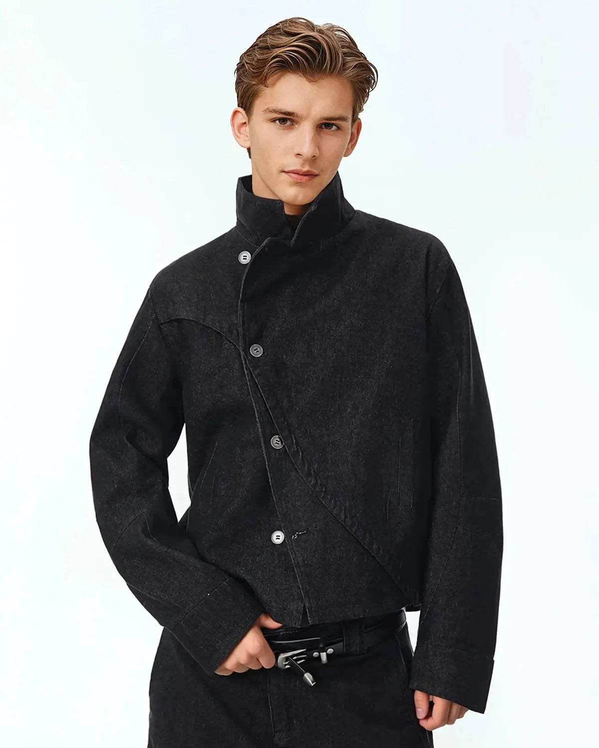 Inflation streetwear cropped asymmetric denim jacket with button details, stylish and trendy fashion piece.