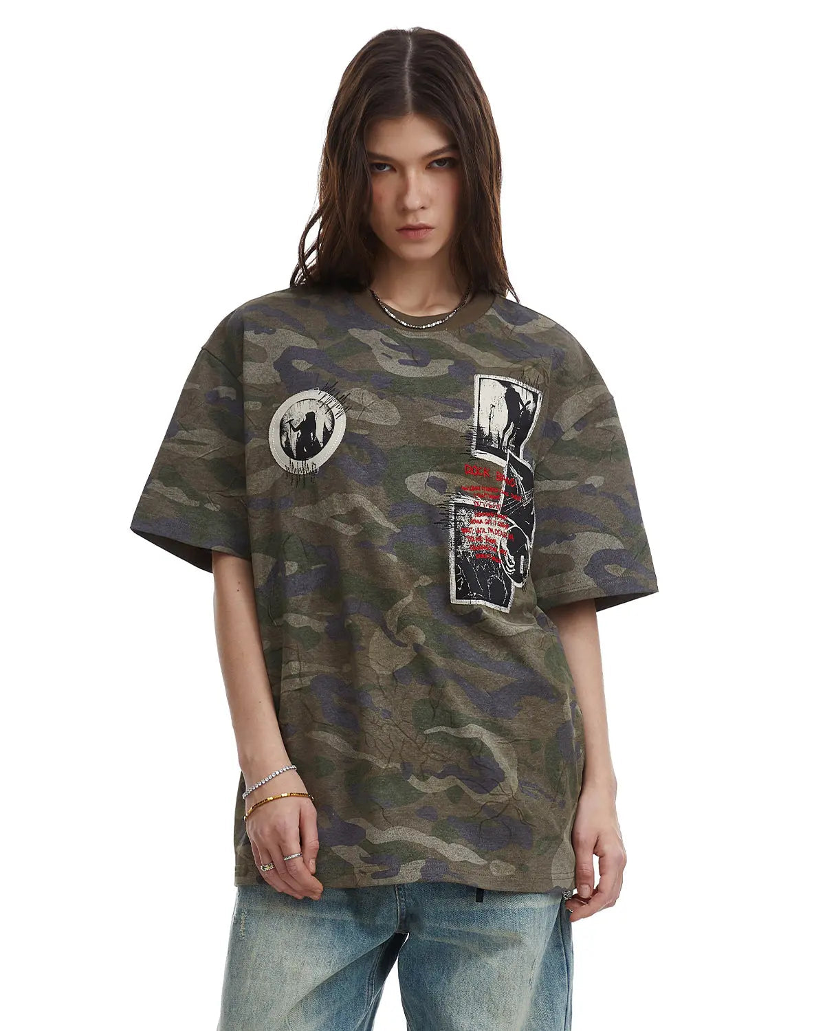 Vintage camo patch graphic T-shirt by INFLATION featuring bold streetwear style and military-inspired design.