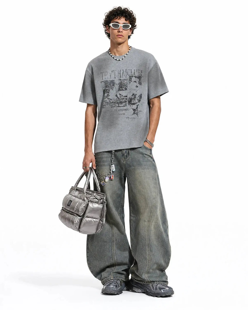 Distressed graphic waffle T-shirt by INFLATION Streetwear, soft cotton tee with vintage-inspired design and textured waffle fabric.