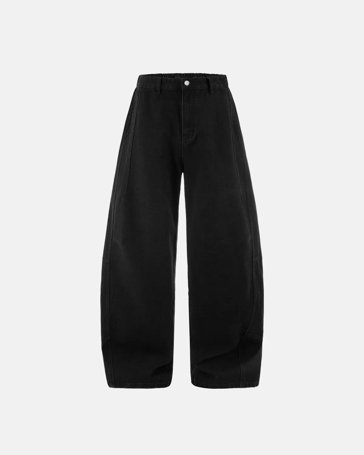 Acid washed black barrel jeans by INFLATION with relaxed fit and distressed finish, shown on a model.