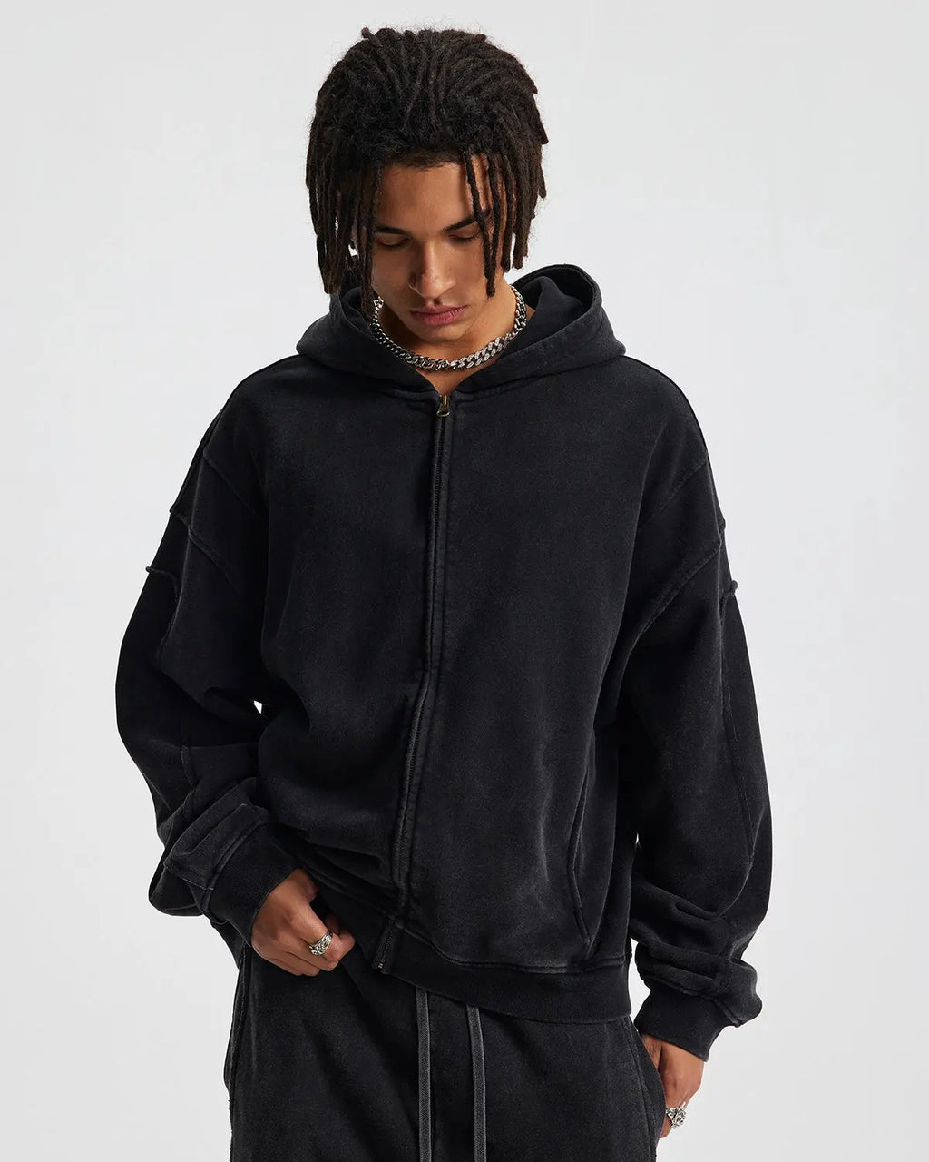 Inflation Streetwear acid wash zip-up hoodie with stitching details, featuring a stylish casual design in the product image.