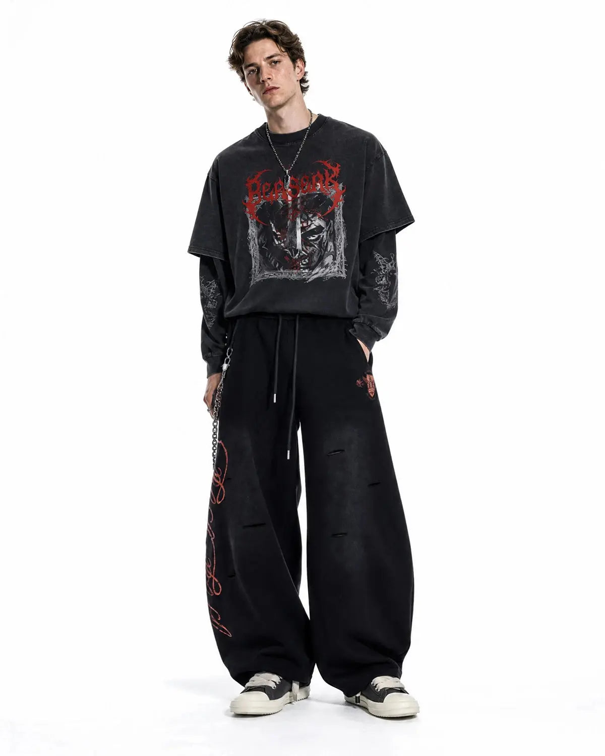 Vintage Washed Barrel Sweatpants by INFLATION Streetwear, showing relaxed fit, distressed wash, and tapered style in a casual setting.