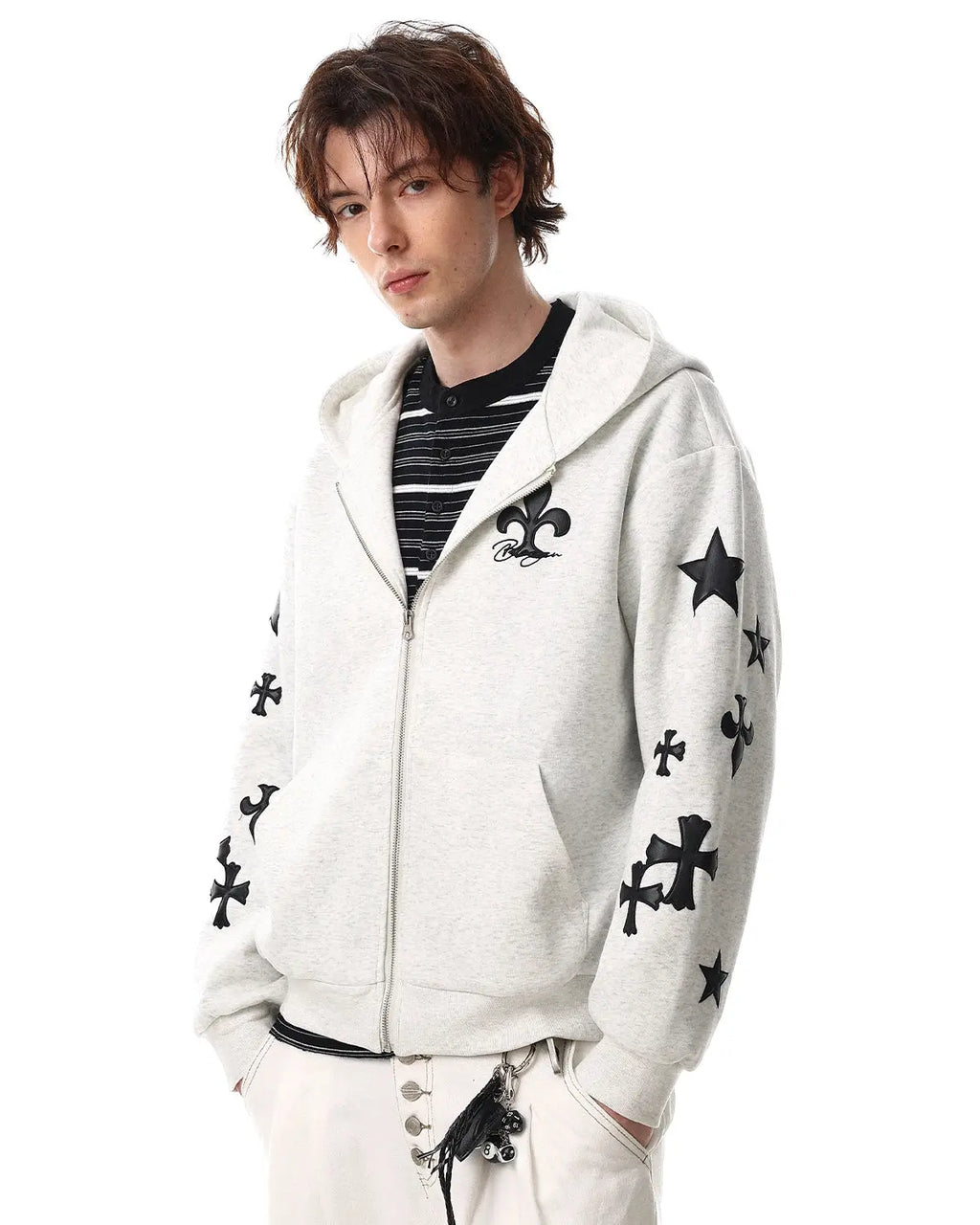 Inflation Streetwear Cross PU Patch embroidery zip-up hoodie featuring bold patch design and casual fit in black fabric.