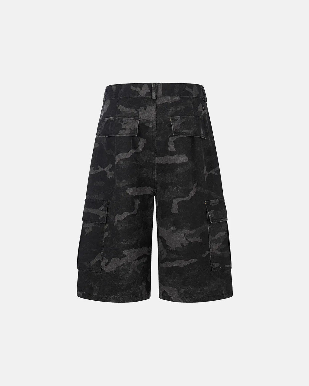 Dark camo cargo shorts by INFLATION, stylish streetwear pants with multiple pockets and a relaxed fit, suitable for casual wear.