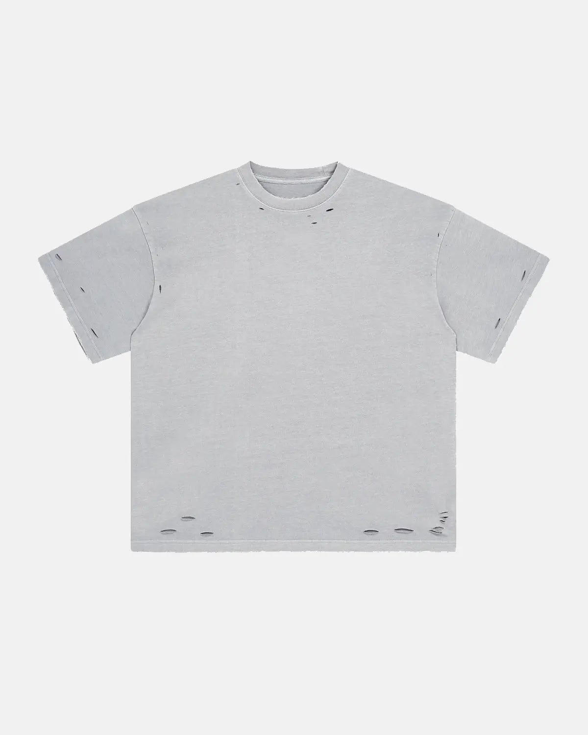 Oversized white distressed T-shirt with ripped details, casual streetwear style, by INFLATION, displayed on a hanger.