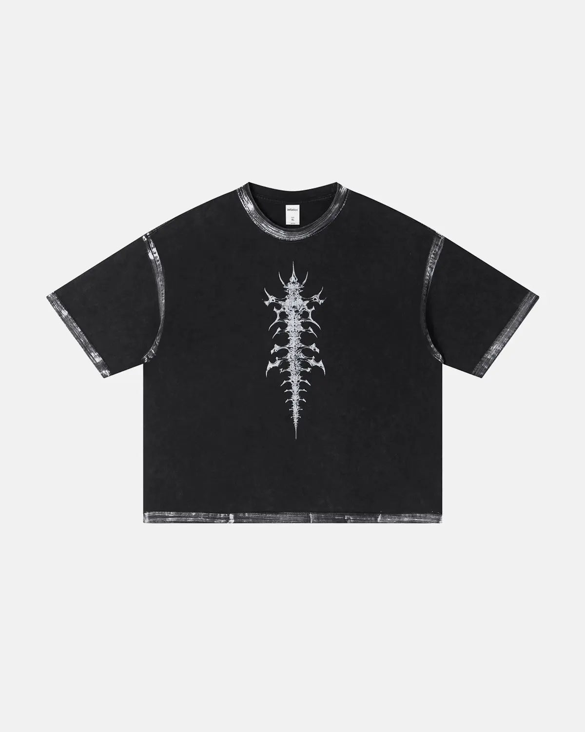 Black distressed painted graphic boxy T-shirt by INFLATION Streetwear, featuring bold graphic design and relaxed fit.