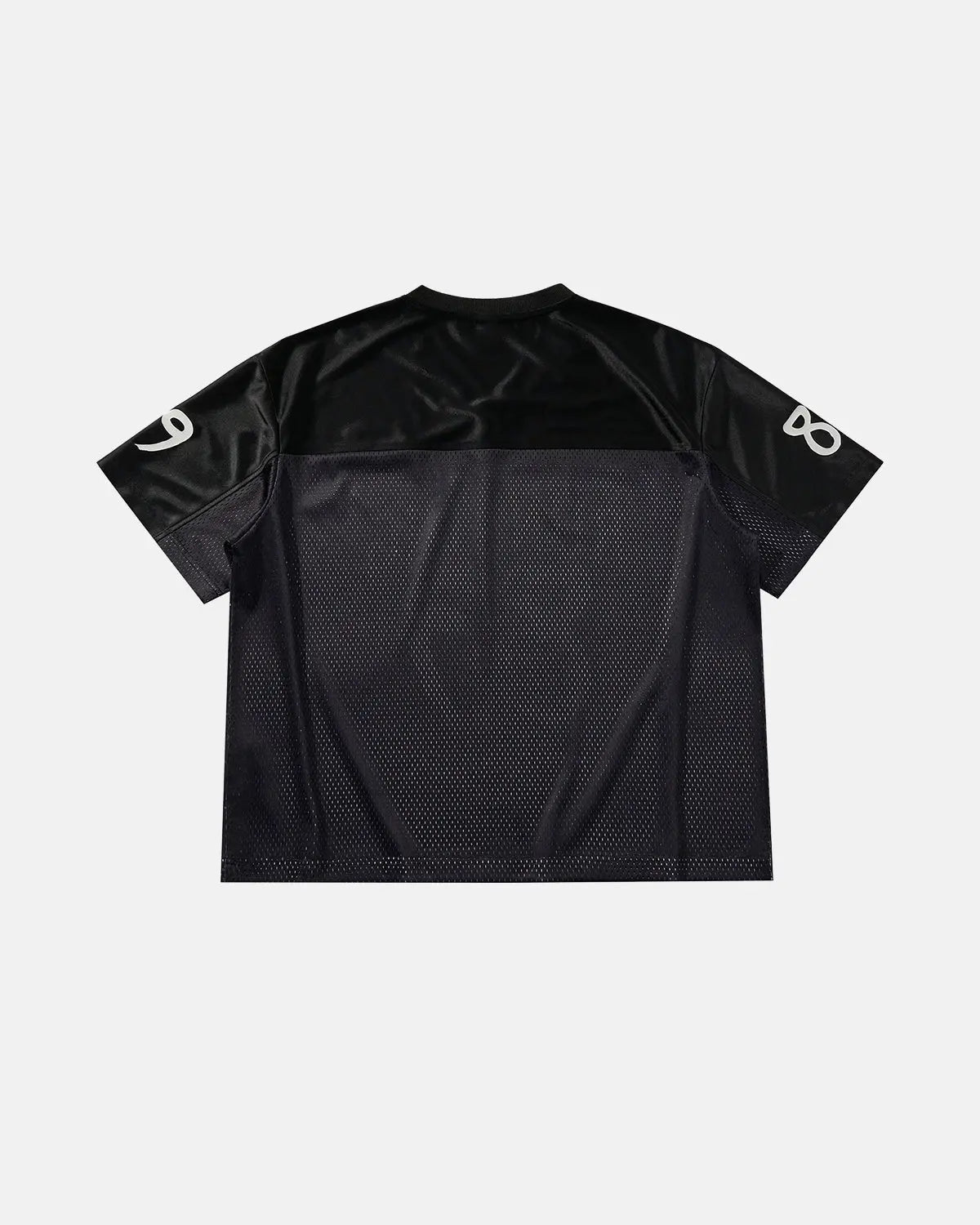 V-neck mesh patchwork jersey tee by INFLATION, featuring a stylish streetwear design with mesh panels and vibrant patchwork details.