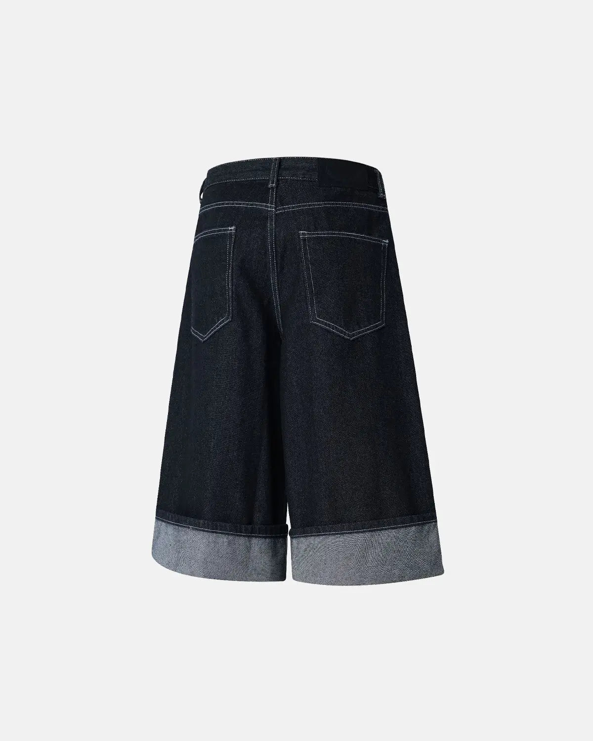 Inflation raw denim jorts with buckle detail, casual streetwear pants featuring distressed finish and frayed hems.