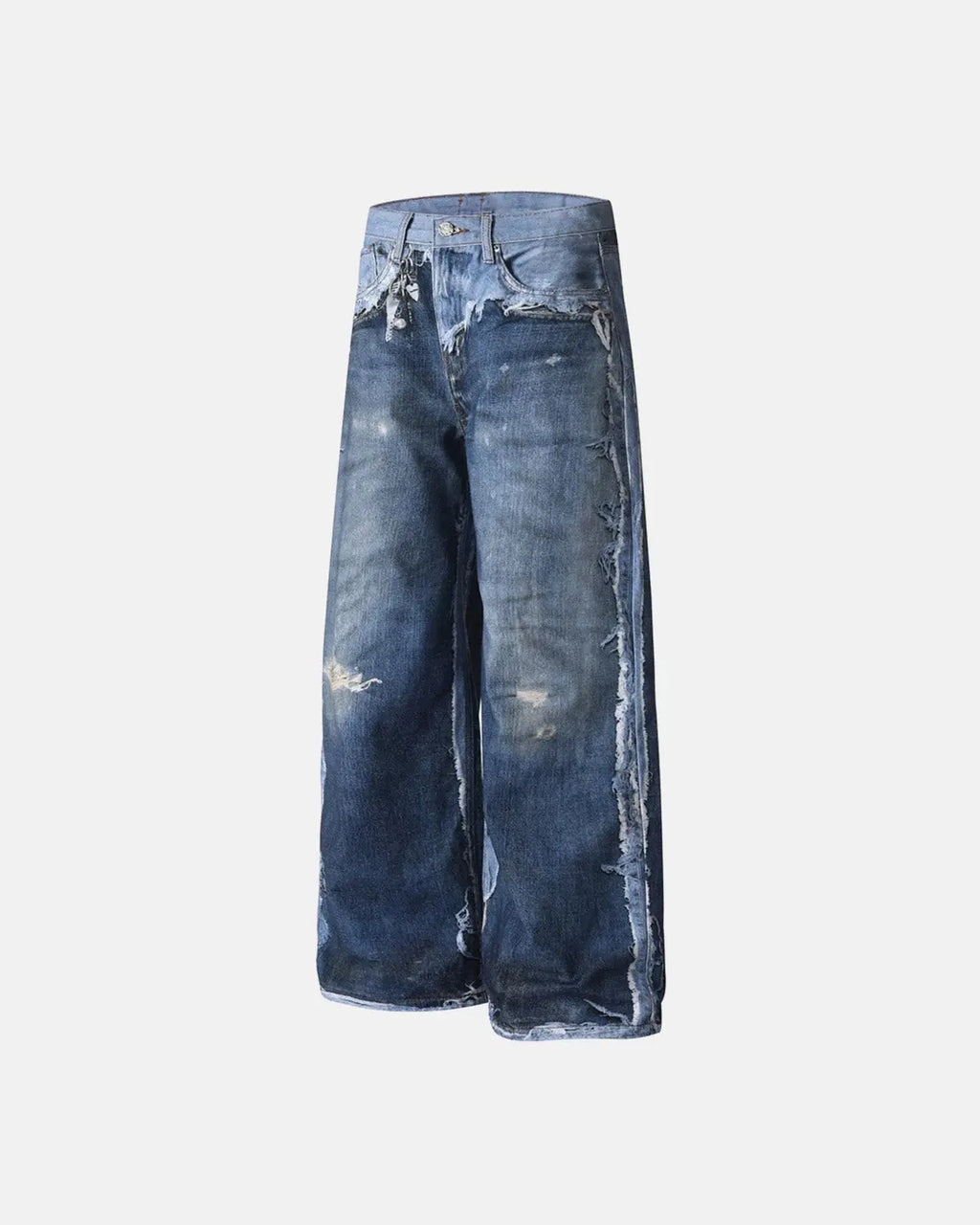Digital print distressed baggy jeans by INFLATION Streetwear, featuring a relaxed fit with faded and ripped details.