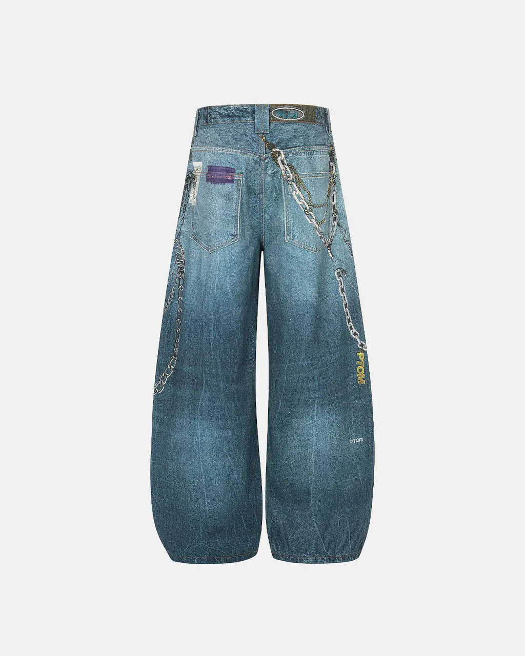 3D print chain barrel jeans by INFLATION featuring detailed chain designs and streetwear style on denim fabric.