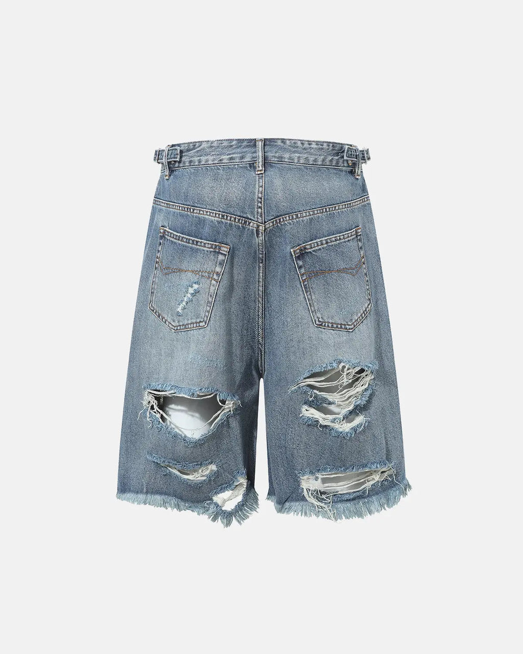 Distressed baggy jorts by INFLATION with adjustable waist tabs, denim shorts featuring a ripped, worn-in style and relaxed fit.