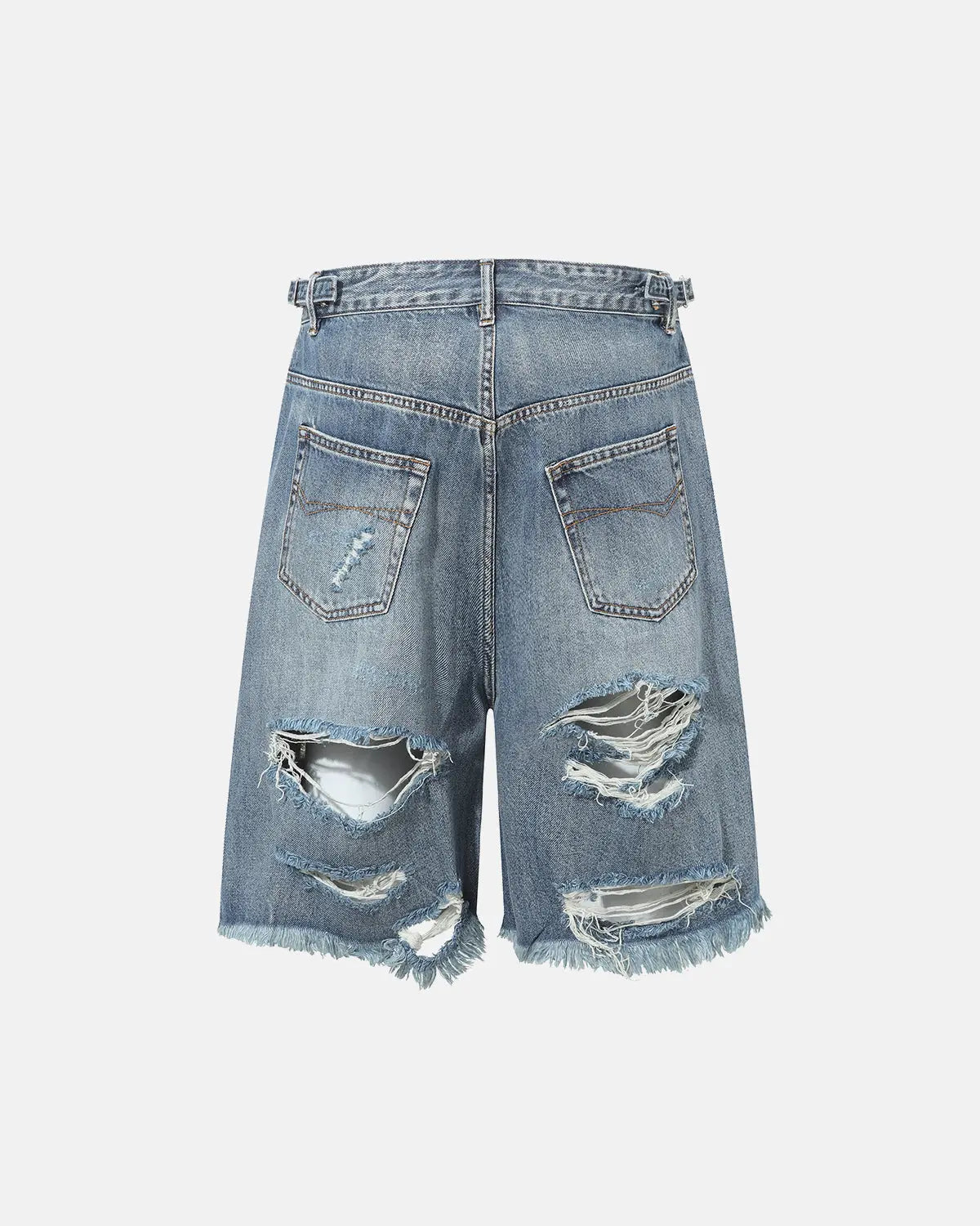 Distressed baggy jorts by INFLATION with adjustable waist tabs, denim shorts featuring a ripped, worn-in style and relaxed fit.