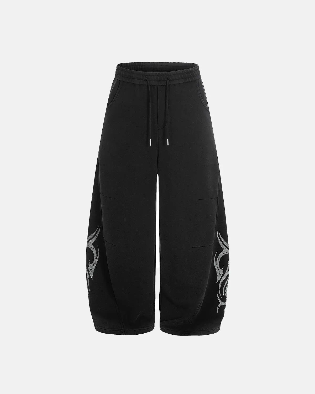 Washed distressed barrel sweatpants by INFLATION, showing relaxed fit, faded fabric, and distressed details on soft cotton material.