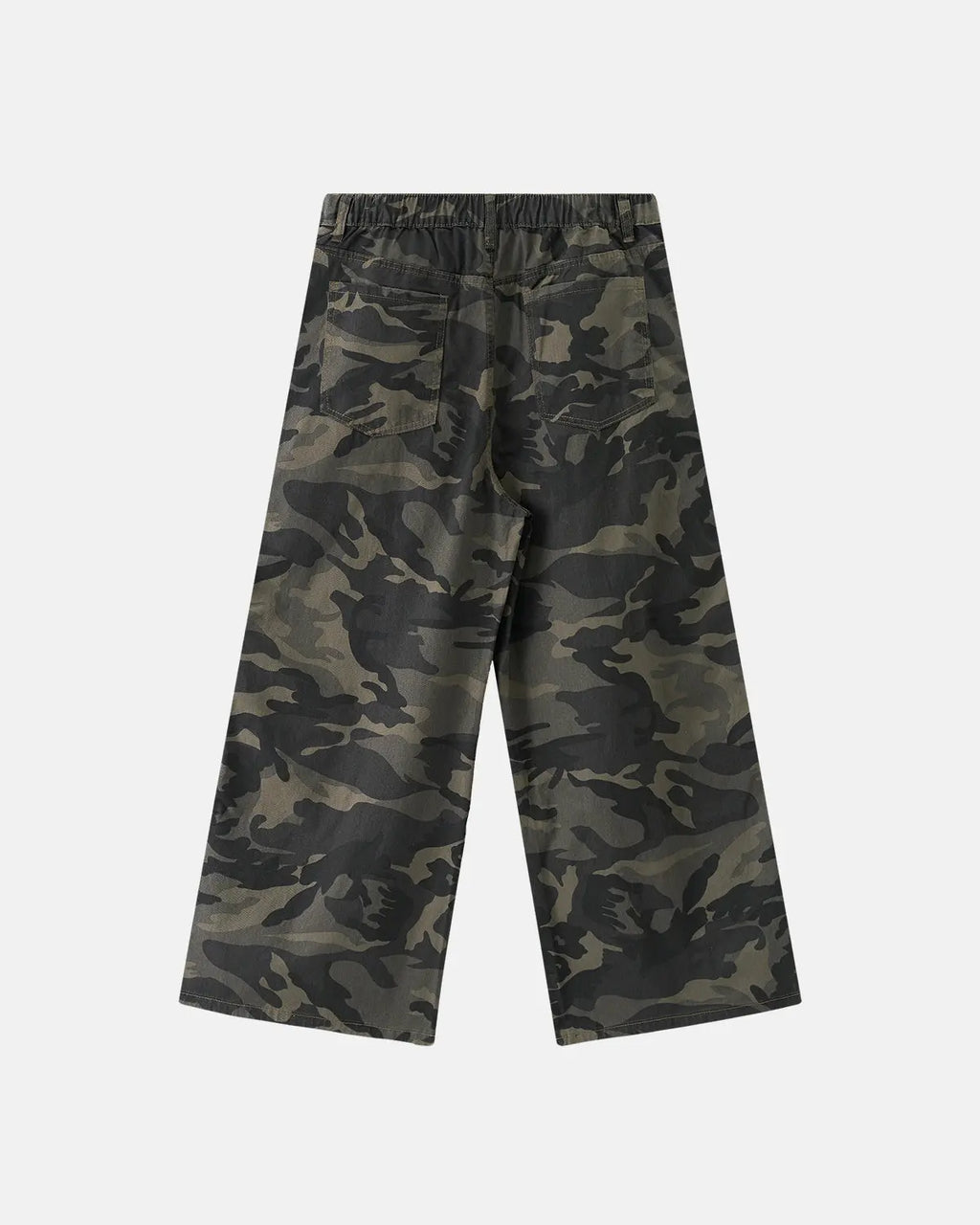 Camo side stripe wide-leg pants by INFLATION featuring a loose fit, camouflage pattern, and side stripe detailing.