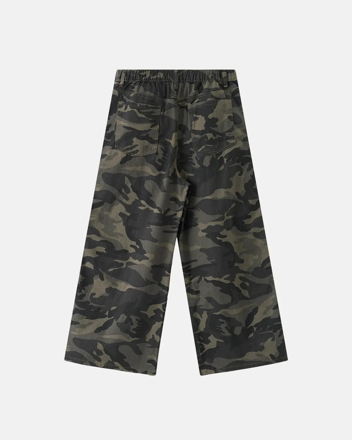 Camo side stripe wide-leg pants by INFLATION featuring a loose fit, camouflage pattern, and side stripe detailing.