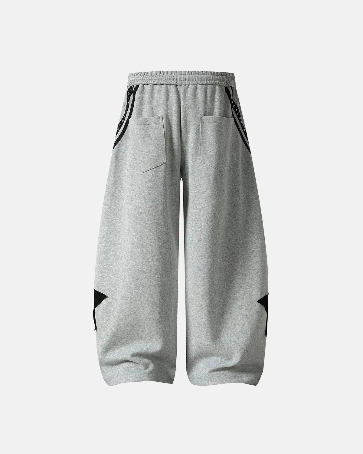 Contrast patchwork barrel sweatpants by INFLATION featuring stylish streetwear design and comfortable fit in black and gray tones.