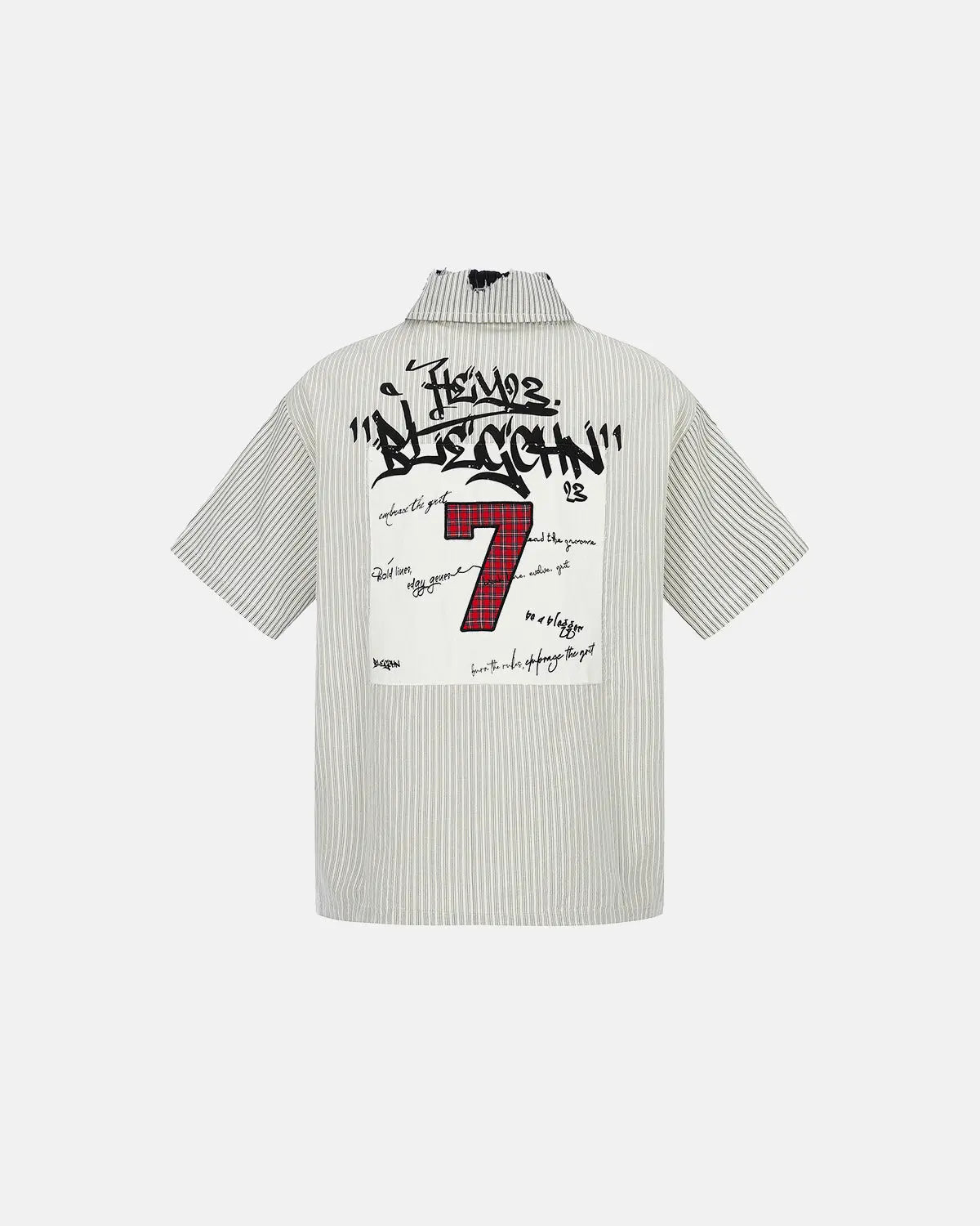 Inflation Streetwear graffiti patch striped shirt featuring bold, colorful graffiti designs on a casual button-up shirt.