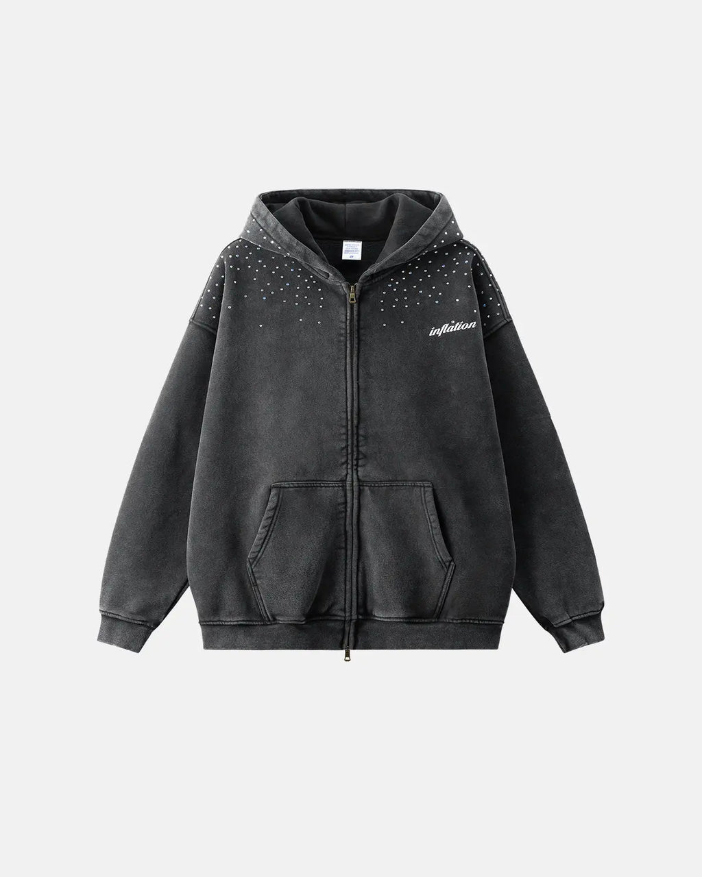 Distressed washed rhinestone zip-up hoodie by INFLATION Streetwear featuring a casual fit and sparkling rhinestone details.