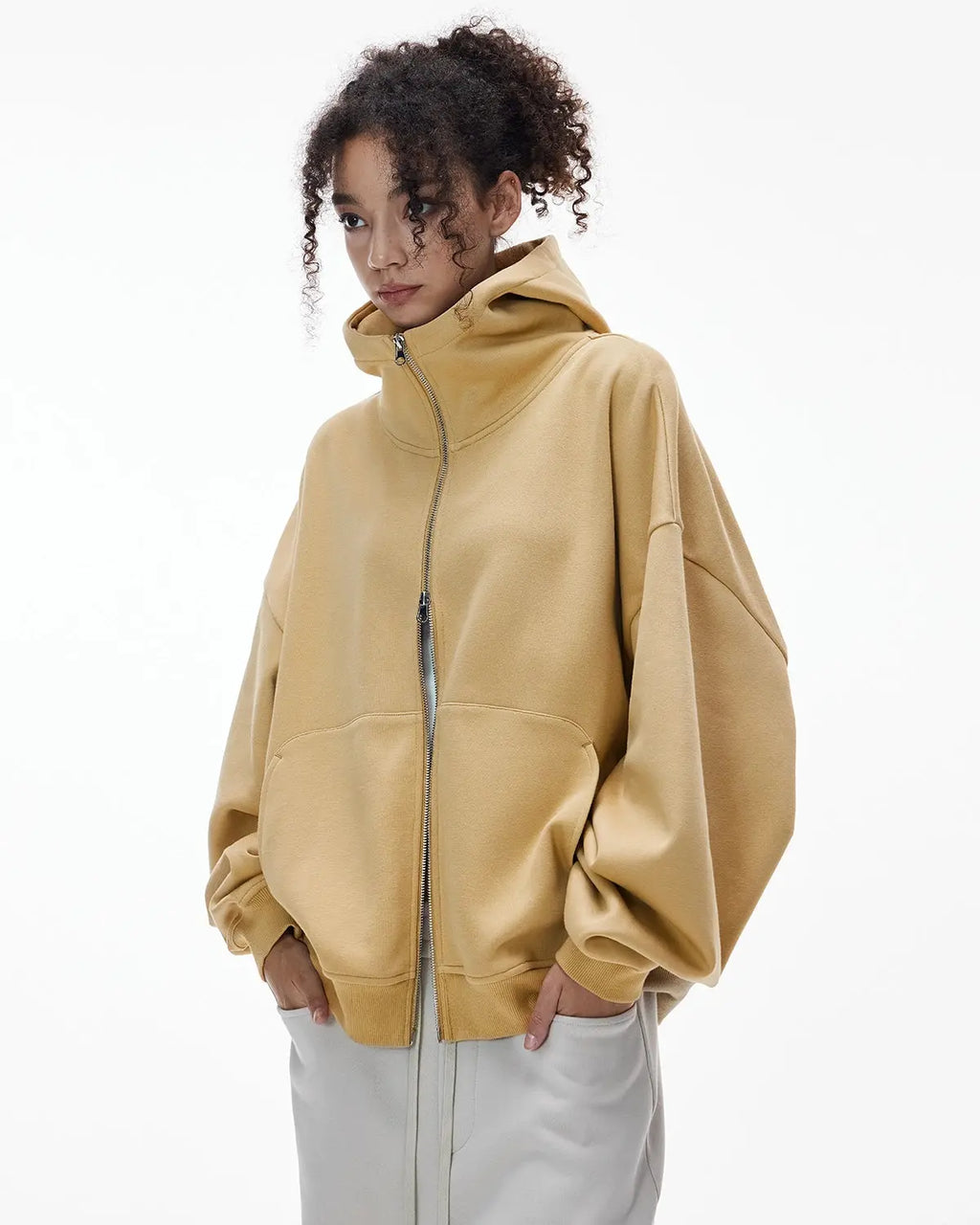Inflation High Collar Fleece Double Zip-Up Hoodie featuring a stylish hood and warm fleece material, perfect for streetwear fashion.