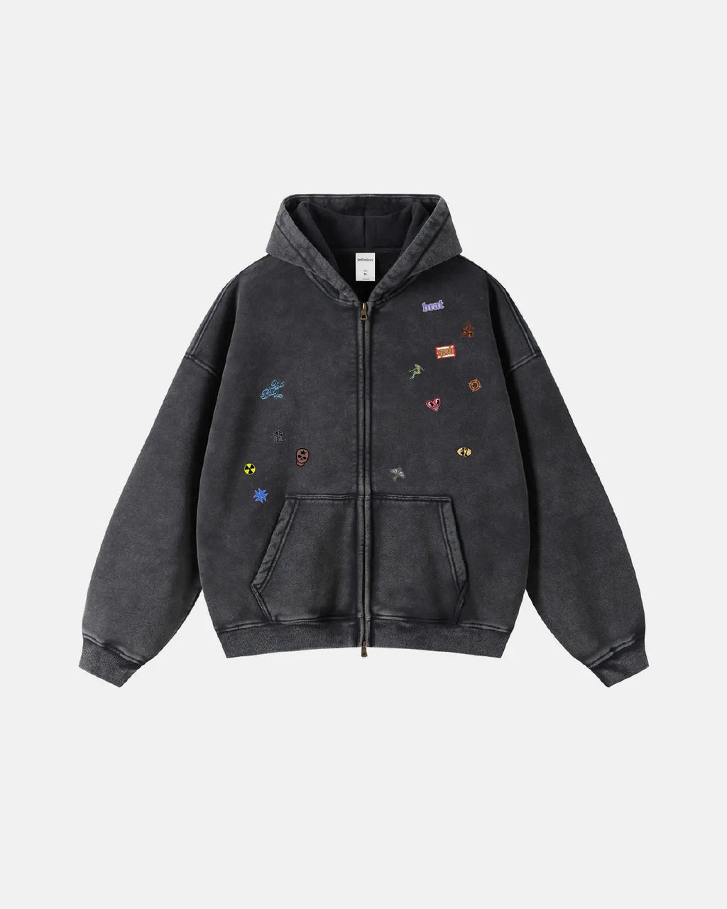 Inflation Streetwear distressed zip-up hoodie with funny stickers design, featuring bold graphics and a casual fit.