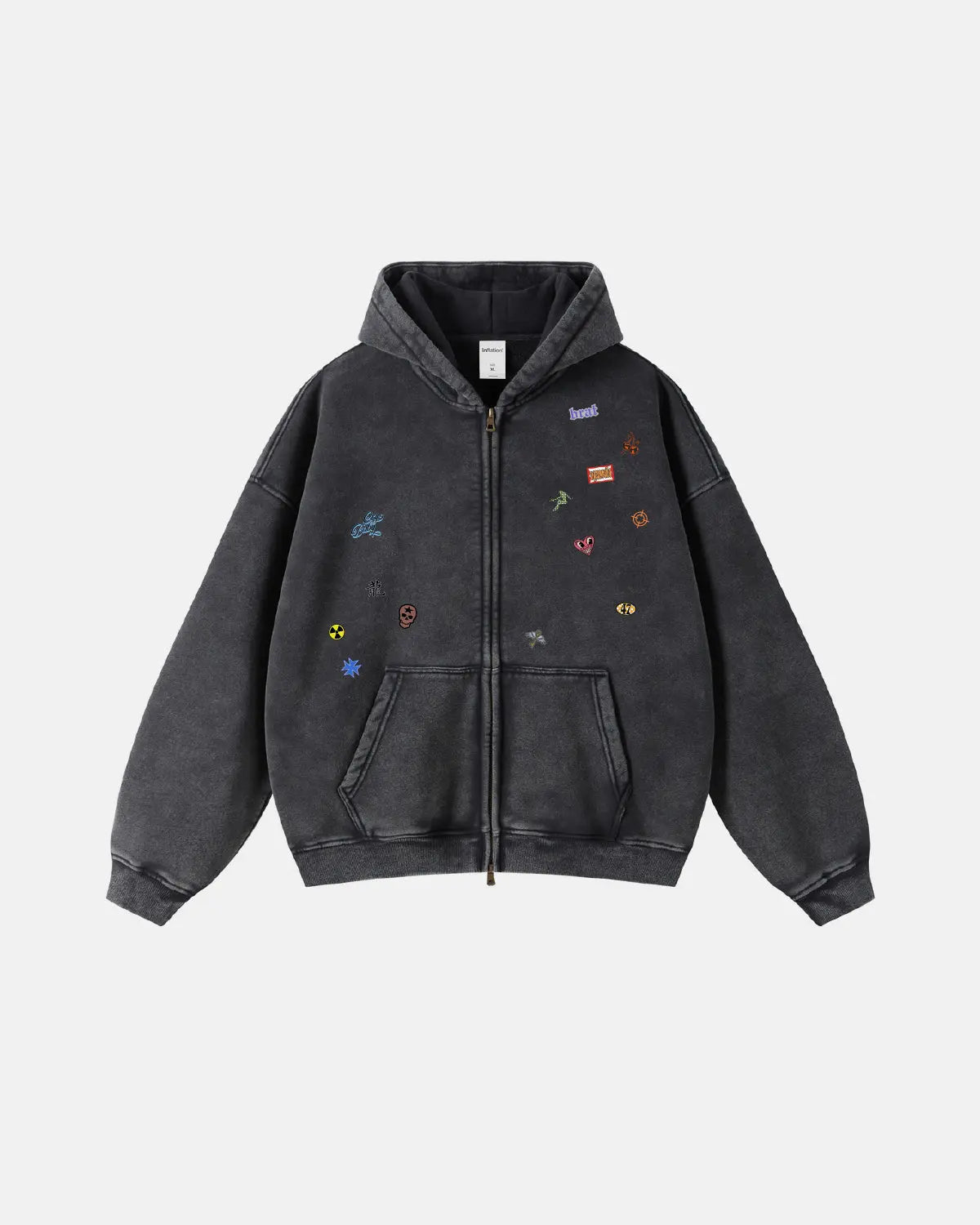 Inflation Streetwear distressed zip-up hoodie with funny stickers design, featuring bold graphics and a casual fit.