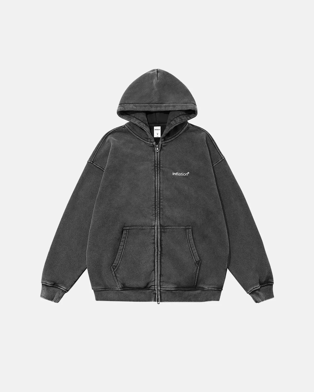 Inflation brand acid washed fleece zip-up hoodie with front pockets and hood, showcasing a trendy streetwear style.