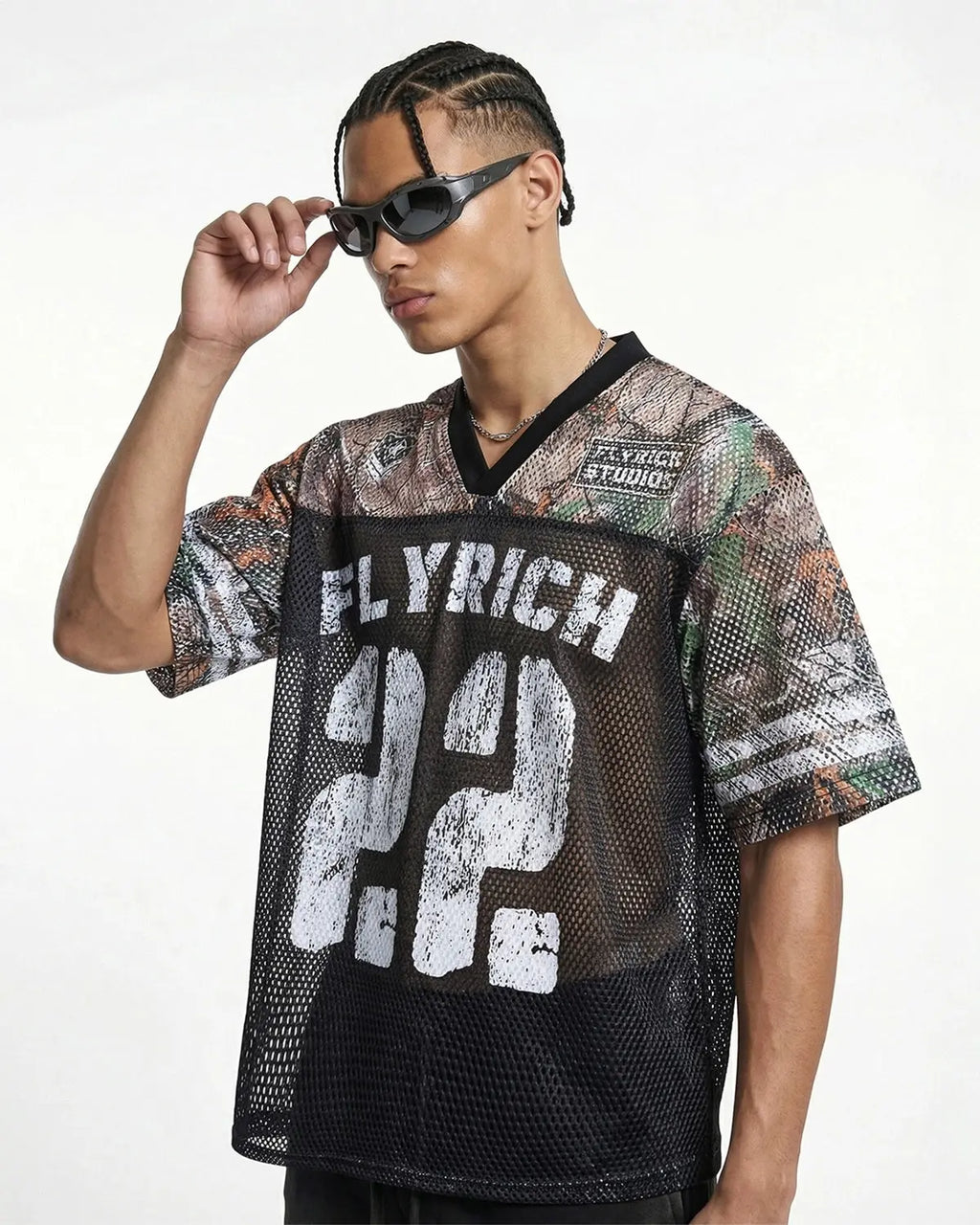Camo mesh digital print jersey tee by INFLATION Streetwear featuring a camouflage pattern and breathable fabric.