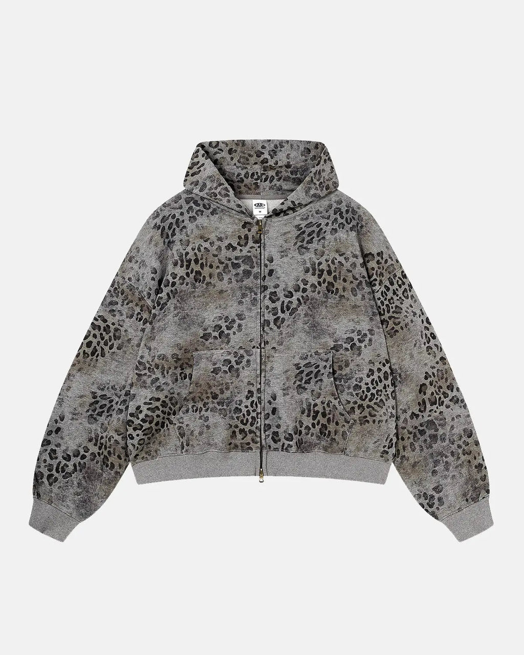 Leopard print boxy zip-up hoodie by INFLATION with a front zipper, casual streetwear style, and bold animal print design.
