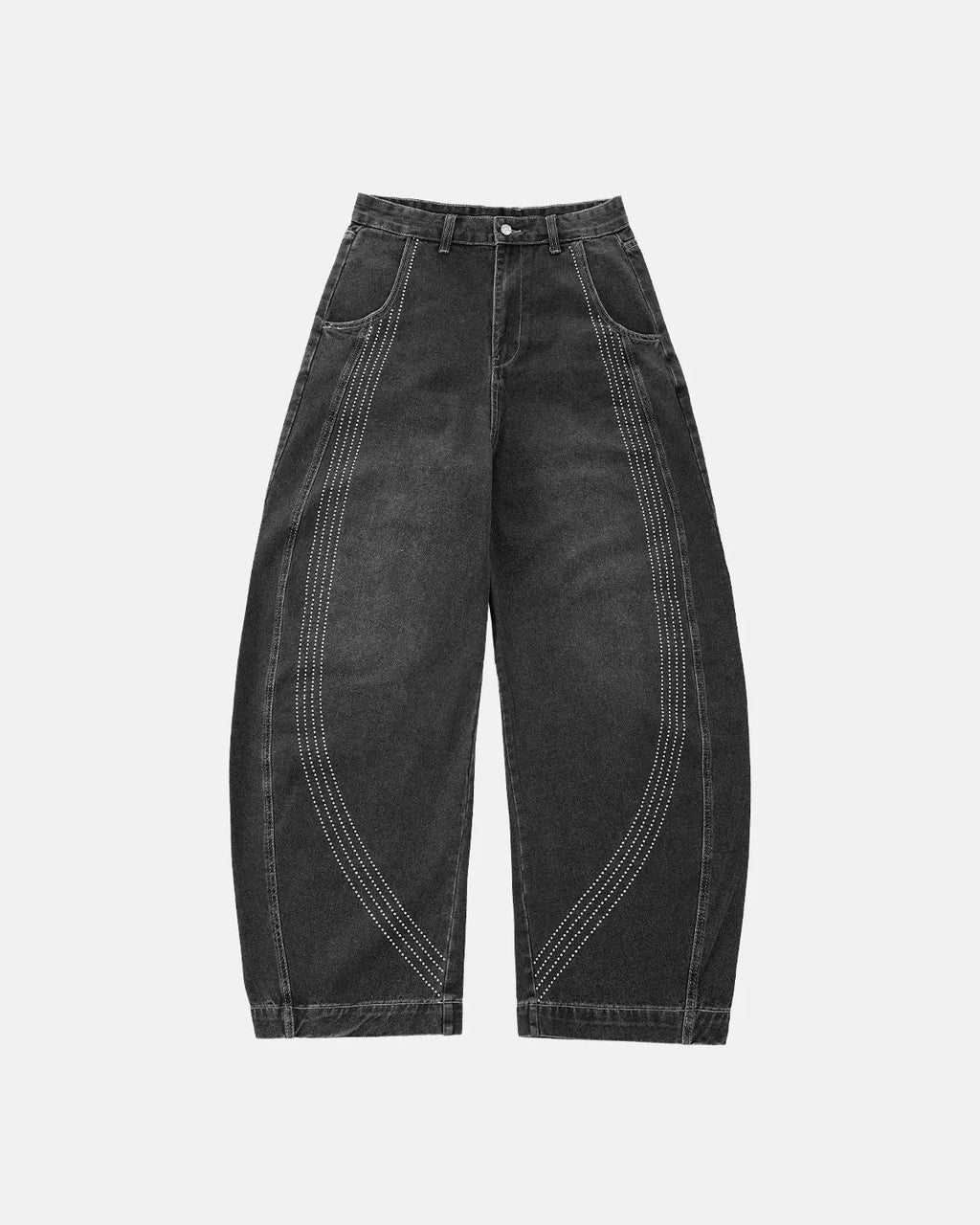 Front view of Inflation Streetwear striped rhinestone barrel jeans showcasing bold striped pattern and rhinestone details