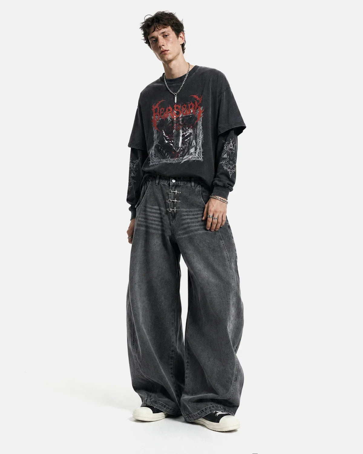 Grey barrel jeans by INFLATION with metal clasp details, featuring a relaxed fit and streetwear style.