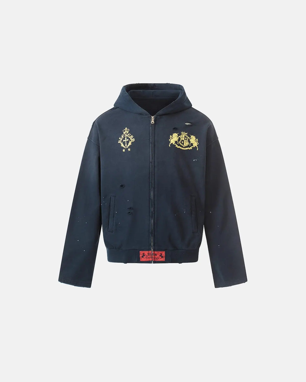 Inflation Streetwear distressed washed printed zip-up hoodie with a worn look and graphic design on the front.