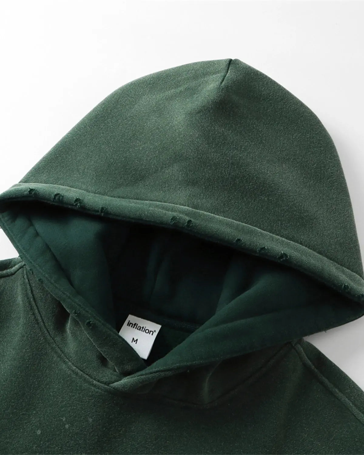 Acid washed ripped fleece hoodie from Inflation Streetwear, featuring distressed details and a relaxed fit.
