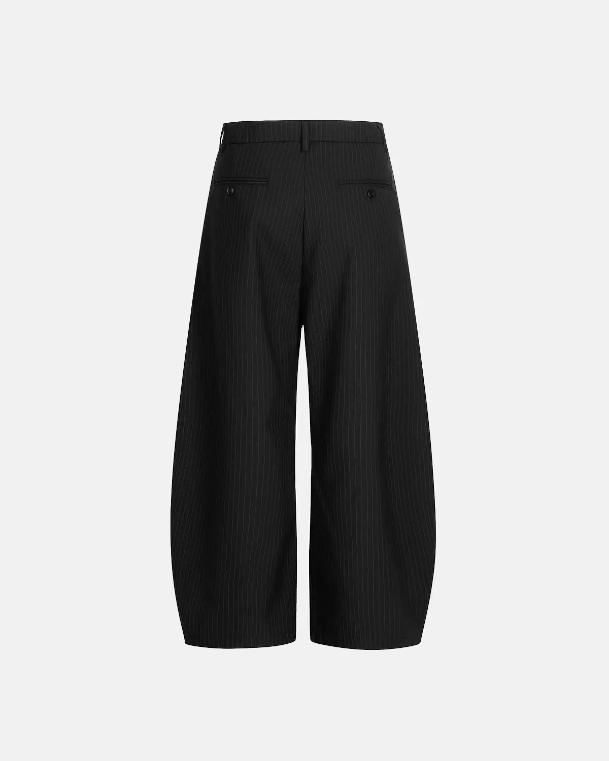 Black striped barrel suit pants by INFLATION Streetwear, featuring a relaxed fit and stylish striped pattern.