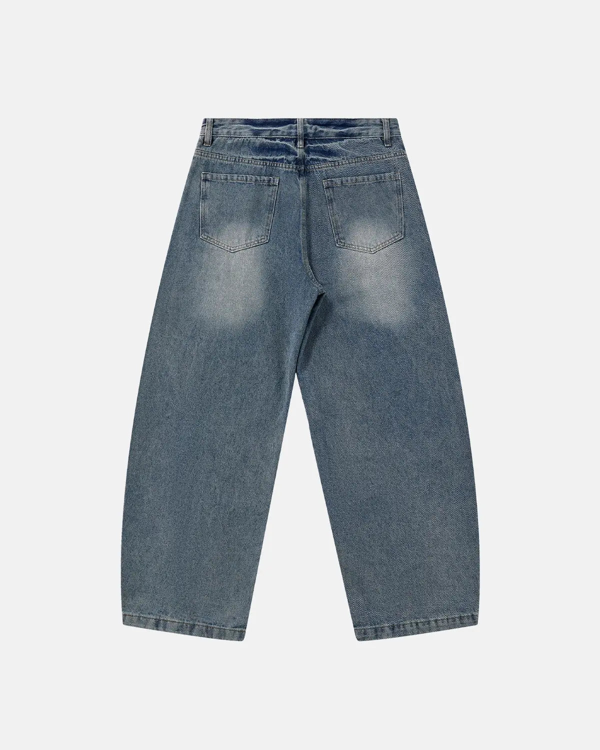 Deconstructed washed barrel jeans by INFLATION, featuring distressed denim and unique cut-out details, casual streetwear style.