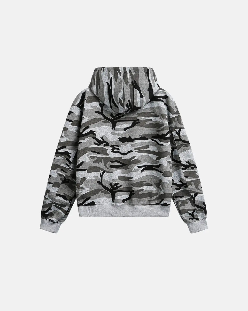 Inflation Streetwear cropped camouflage zip-up hoodie with hood, featuring a bold camo pattern and front zipper detail.