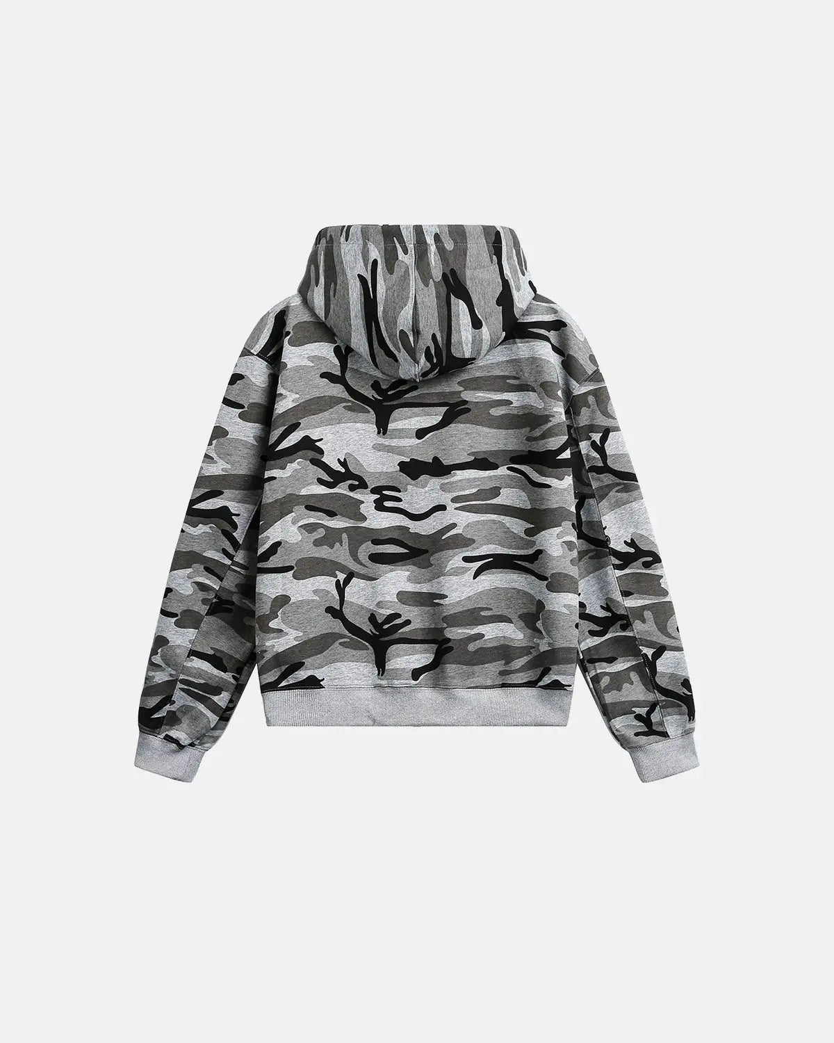 Inflation Streetwear cropped camouflage zip-up hoodie with hood, featuring a bold camo pattern and front zipper detail.