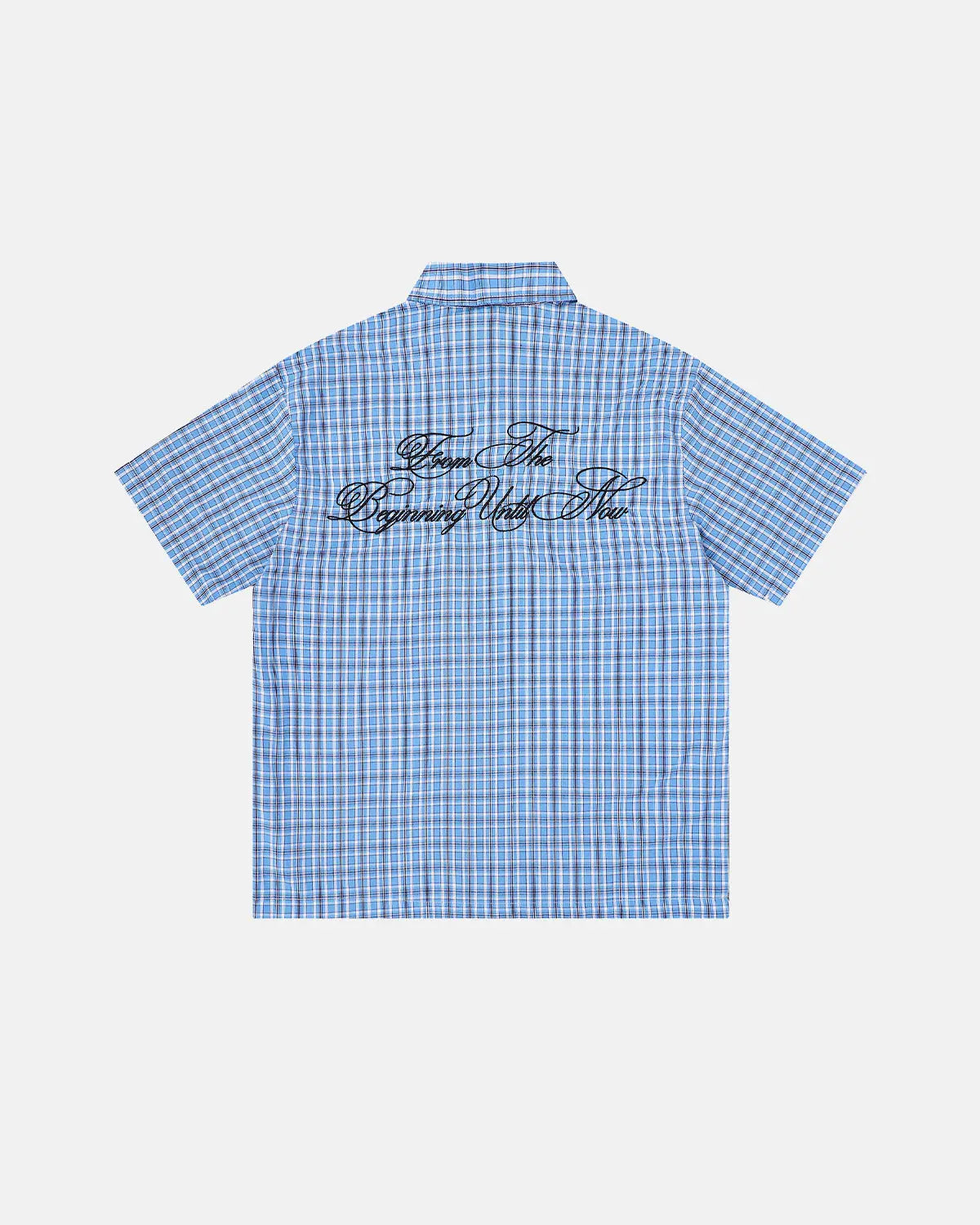 Inflation Streetwear plaid script embroidered short-sleeve shirt with casual fit, featuring embroidered logo and classic plaid pattern.