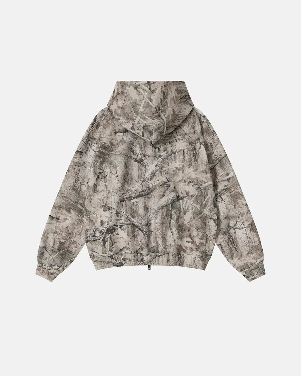 INFLATION Realtree camo zip-up hoodie with front pockets and adjustable drawstrings, casual streetwear style.