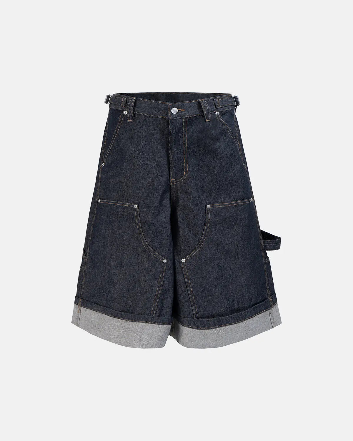 Raw denim carpenter long jorts by INFLATION, featuring rugged design and multiple pockets, displayed on a hanger.