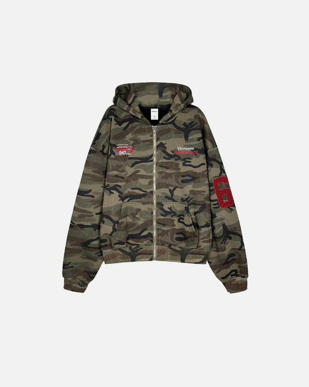 Inflation Streetwear 69 Applique Embroidery camo zip-up hoodie with embroidered details and drawstring hood, casual streetwear style.