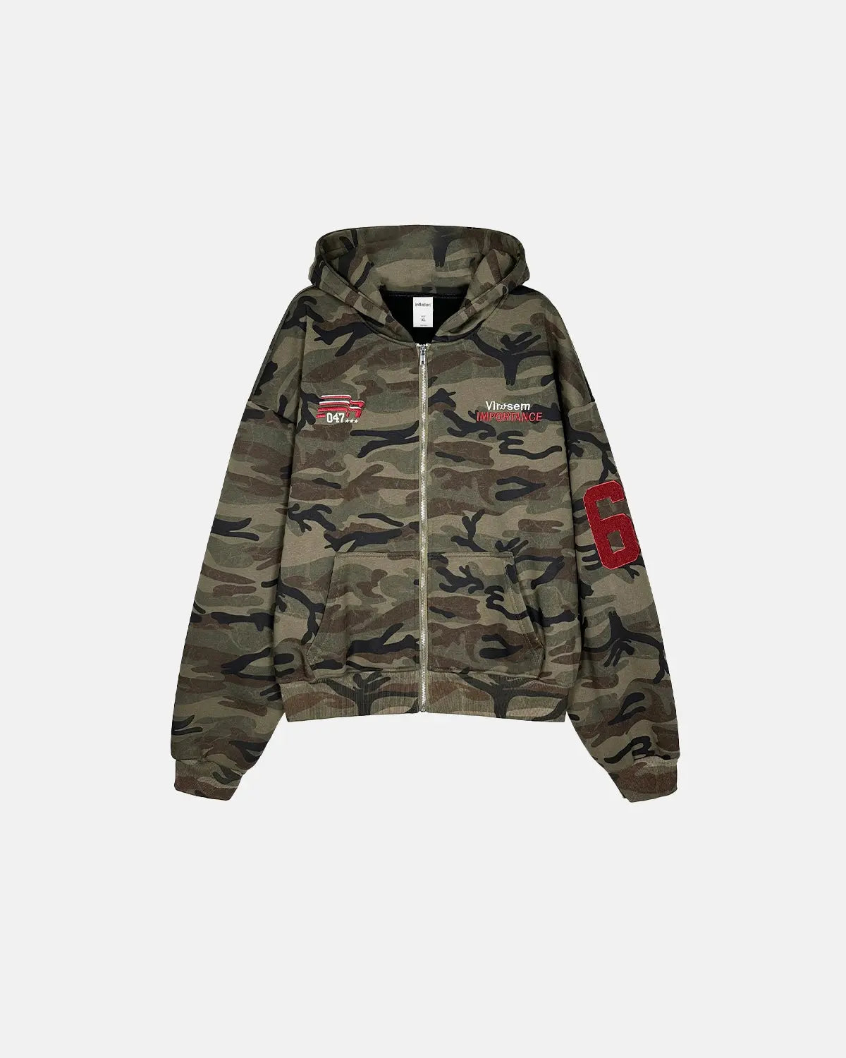 Inflation Streetwear 69 Applique Embroidery camo zip-up hoodie with embroidered details and drawstring hood, casual streetwear style.