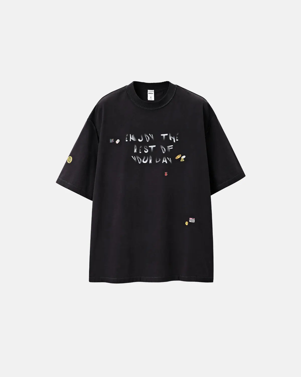 Vintage Sticker Graphic Oversized T-Shirt by INFLATION with bold streetwear design and colorful vintage sticker print.